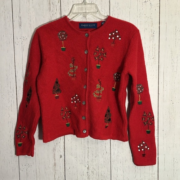 Karen Scott Red Poinsettia Holiday Wool Embroidered Petite Cropped Cardigan - Picture 1 of 7